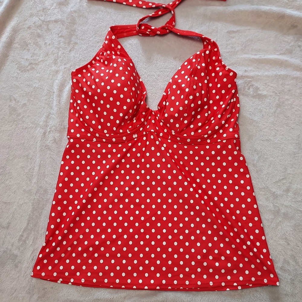 Sunsets Red Polka Dot Underwire Halter Tankini Top 40E 38F 36G Retro Pinup